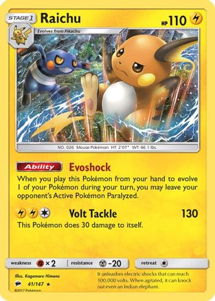 Raichu 41/147 - SM Burning Shadows Reverse Holofoil Derpy Cards Raichu 41/147 - SM Burning Shadows Reverse Holofoil Derpy Cards
