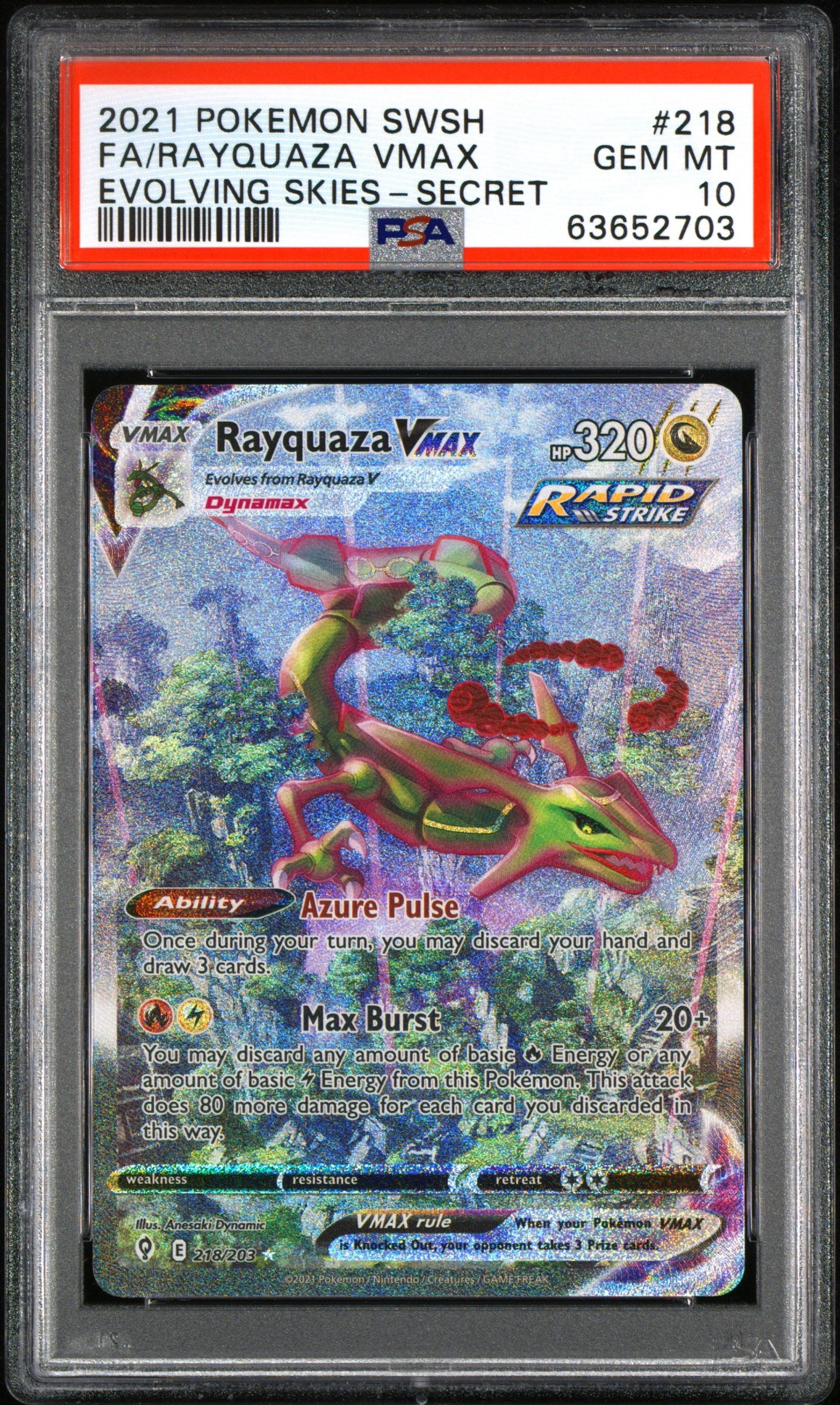 Rayquaza VMAX Alternate Art Secret Evolving Skies #218 PSA 10