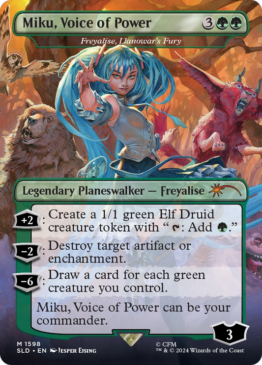 Freyalise, Llanowar's Fury (SLD-1598) - Secret Lair Drop / Miku, Voice of Power (Borderless)