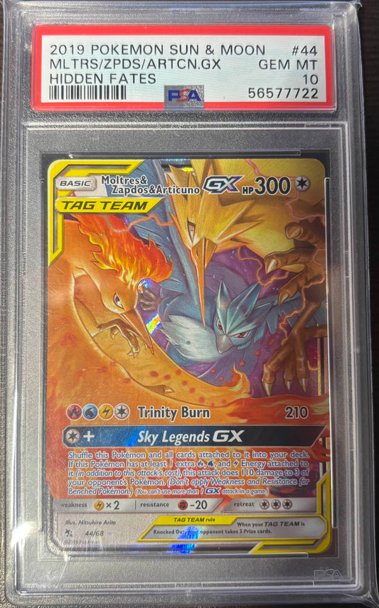 Moltres & Zapdos & Articuno GX HIDDEN FATES PSA 10