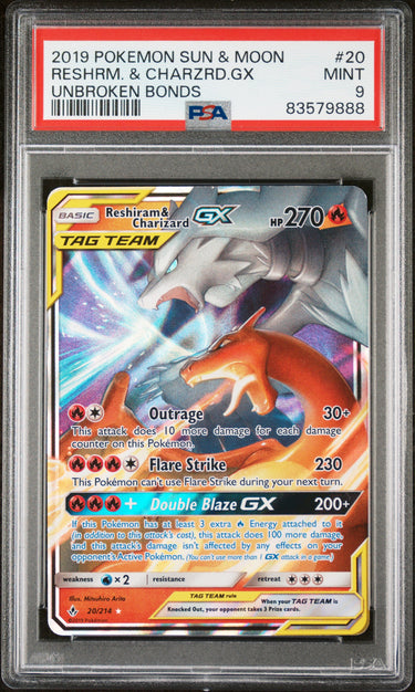 2019 POKEMON SUN  MOON UNBROKEN BONDS #20 RESHRM. & CHARZRD.GX UNBROKEN BONDS PSA 9