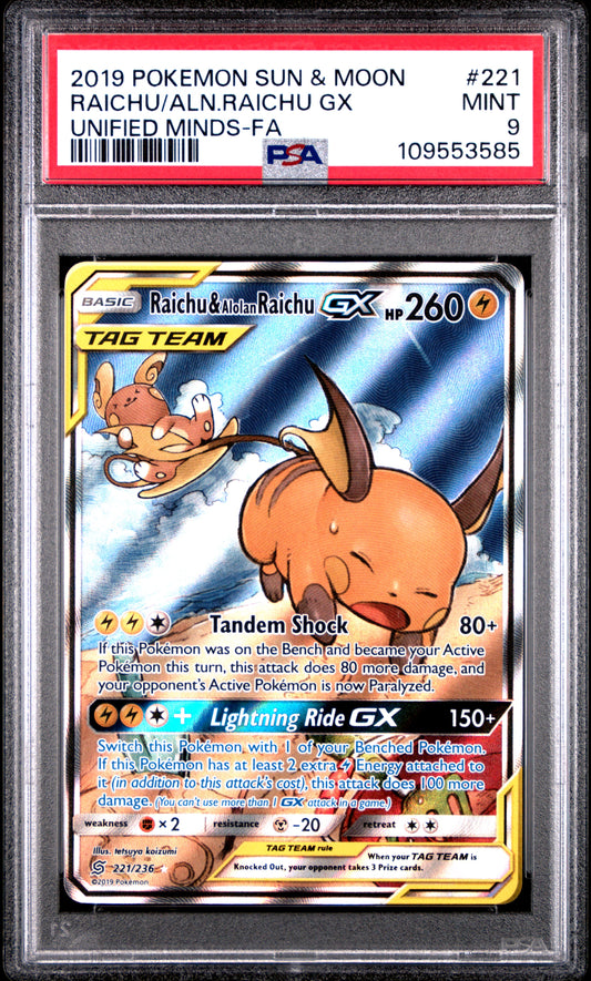 Raichu & Alolan Raichu GX Tag Team Full Art PSA 9