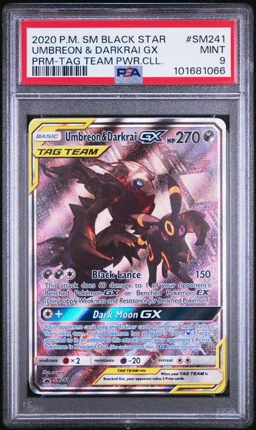 2020 POKEMON SM BLACK STAR PROMO #SM241 UMBREON & DARKRAI GX PRM-TAG TEAM PWR.CLL. PSA 9