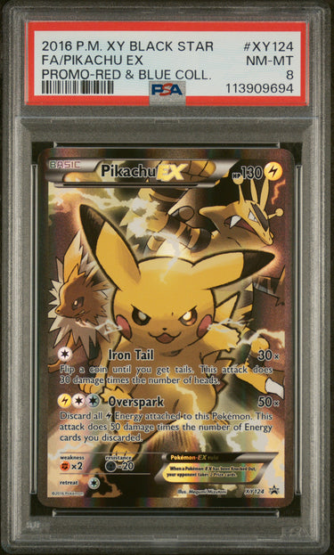 2016 POKEMON XY BLACK STAR PROMO #XY124 FA/PIKACHU EX PROMO-RED & BLUE COLL. PSA 8